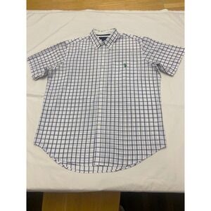 US POLO ASSN Mens Large Plaid Button Down Short Sleeve Shirt Green‎ Pony Logo
